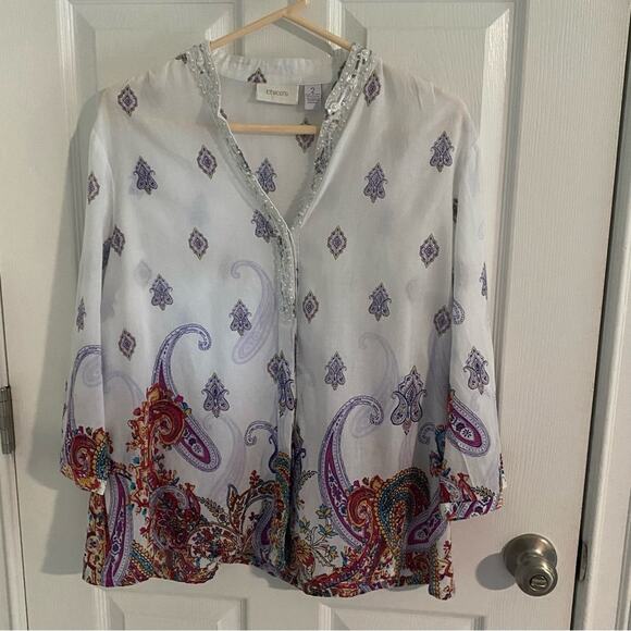 Chicos top Womens SIze L size 2 Paisley Print Tunic Blouse Pearl Sequin Button - Picture 4 of 6